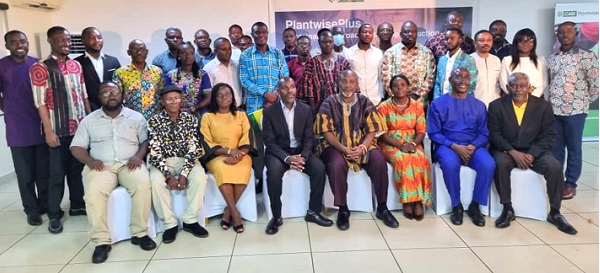 Patrick Robert Ankobiah (seated 4th from right), Chief Director, Ministry of Food and Agriculture; Dr Victor Attuquaye Clottey (seated 2nd from right), Regional Representative of CABI, West Africa, with others during the launch of PlantwisePlus 
